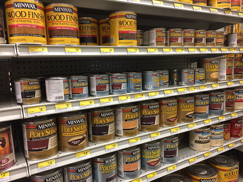 shelves of wood stains, MinWax